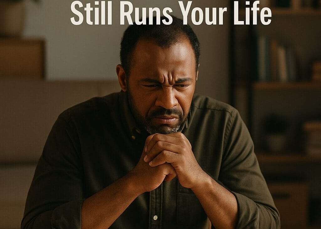Frustrated man at desk with a broken coffee mug, symbolizing the emotional weight of adult oppositionality and self-sabotage