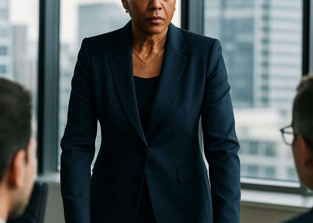 Black woman executive in power suit leading high-level boardroom meeting.