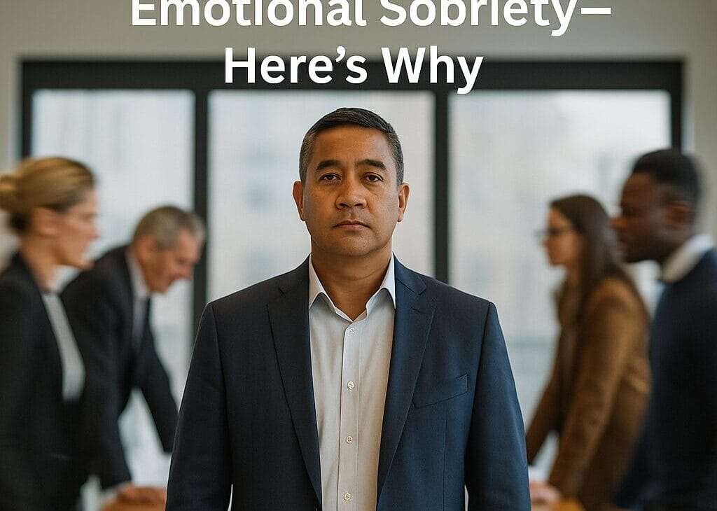 Pacific Islander man in his 40s standing calmly in a boardroom while others blur in motion around him