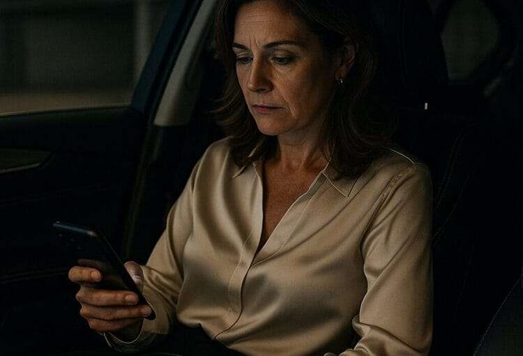 A middle-aged woman in business attire sits alone in a luxury car, staring at her phone with a vacant expression, dim parking garage in the background.
