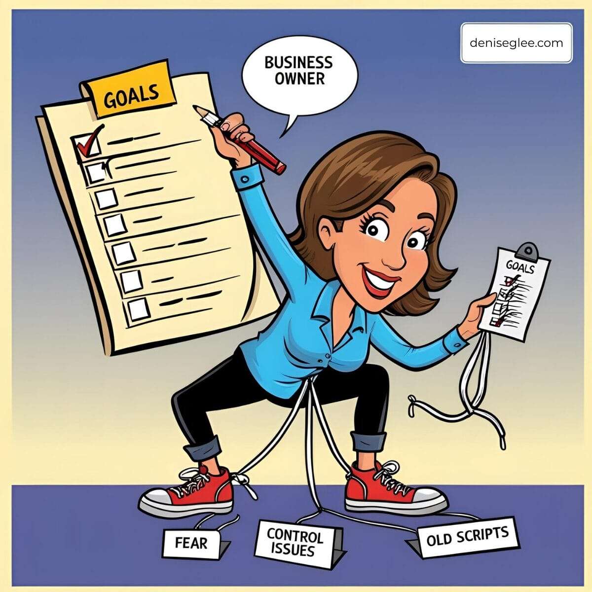 A cartoon business owner holding a checklist in one hand (“Goals”), but tripping over their own shoelaces labeled “Fear,” “Control Issues,” and “Old Scripts”