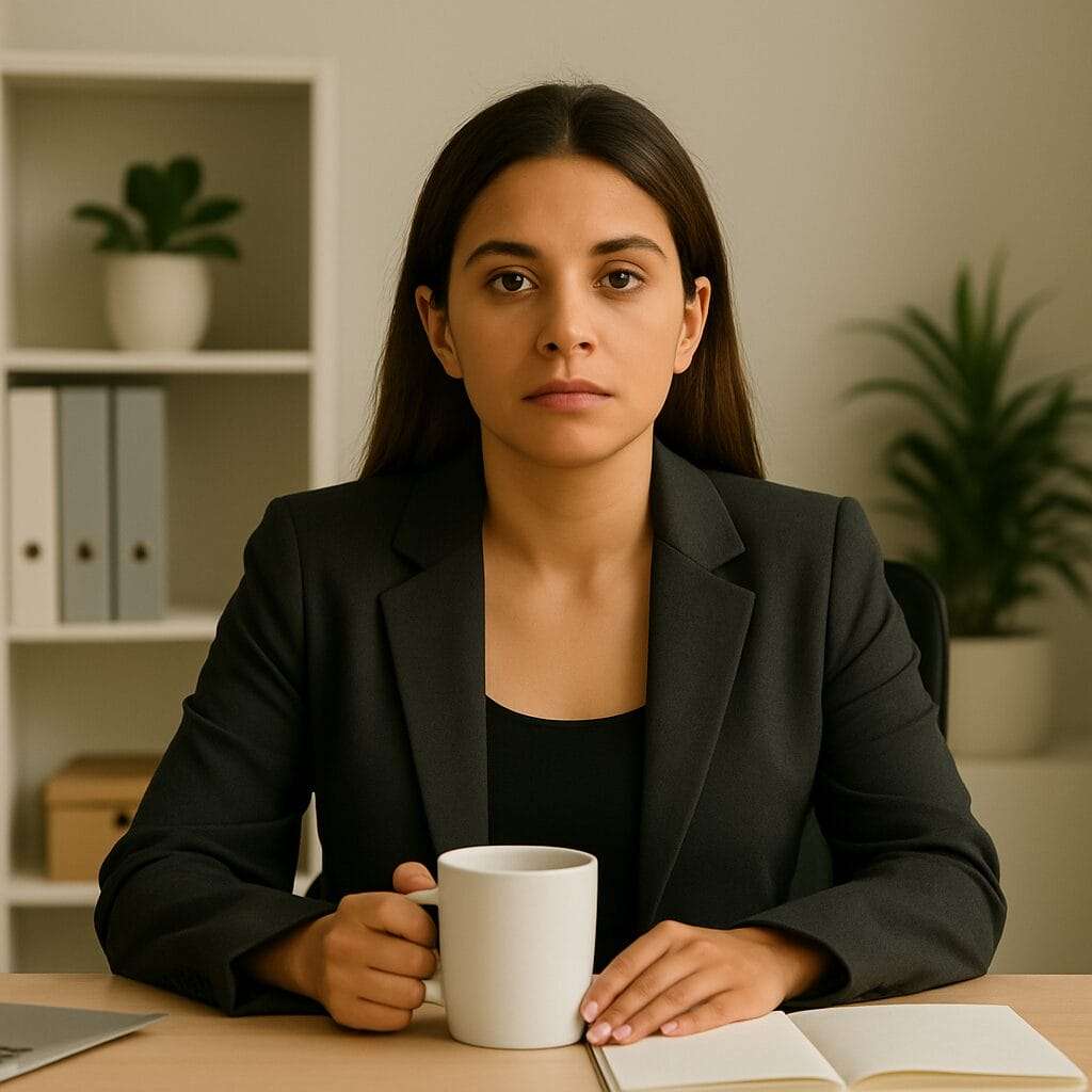 A Latina woman in her 30s sits at her office desk, staring blankly ahead with a coffee mug in hand, capturing the emotional tension of high-functioning denial and internal disorientation.