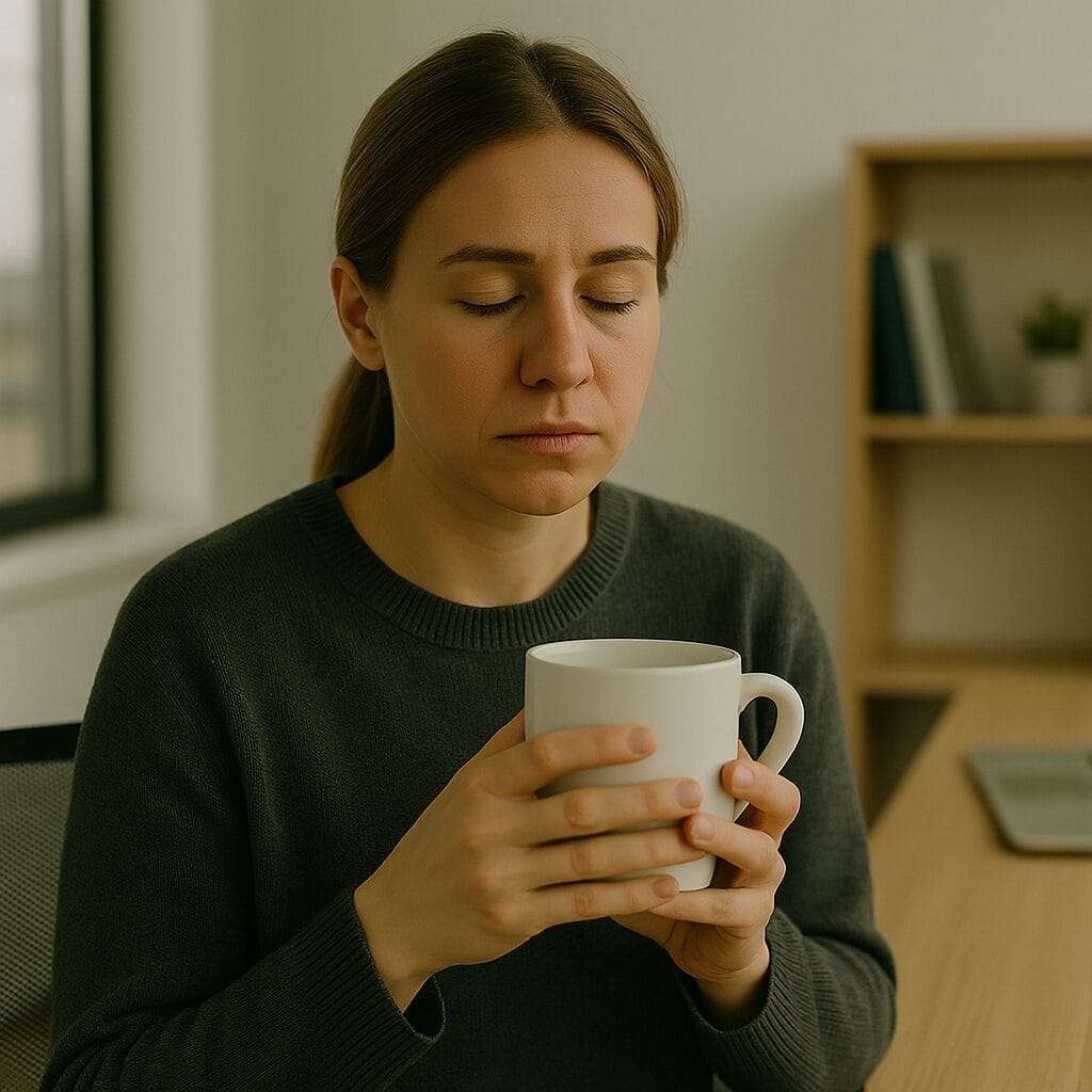 A woman sits quietly in a modern office, eyes closed and holding a coffee mug, capturing the quiet weight of denial and emotional fatigue in a professional setting.
