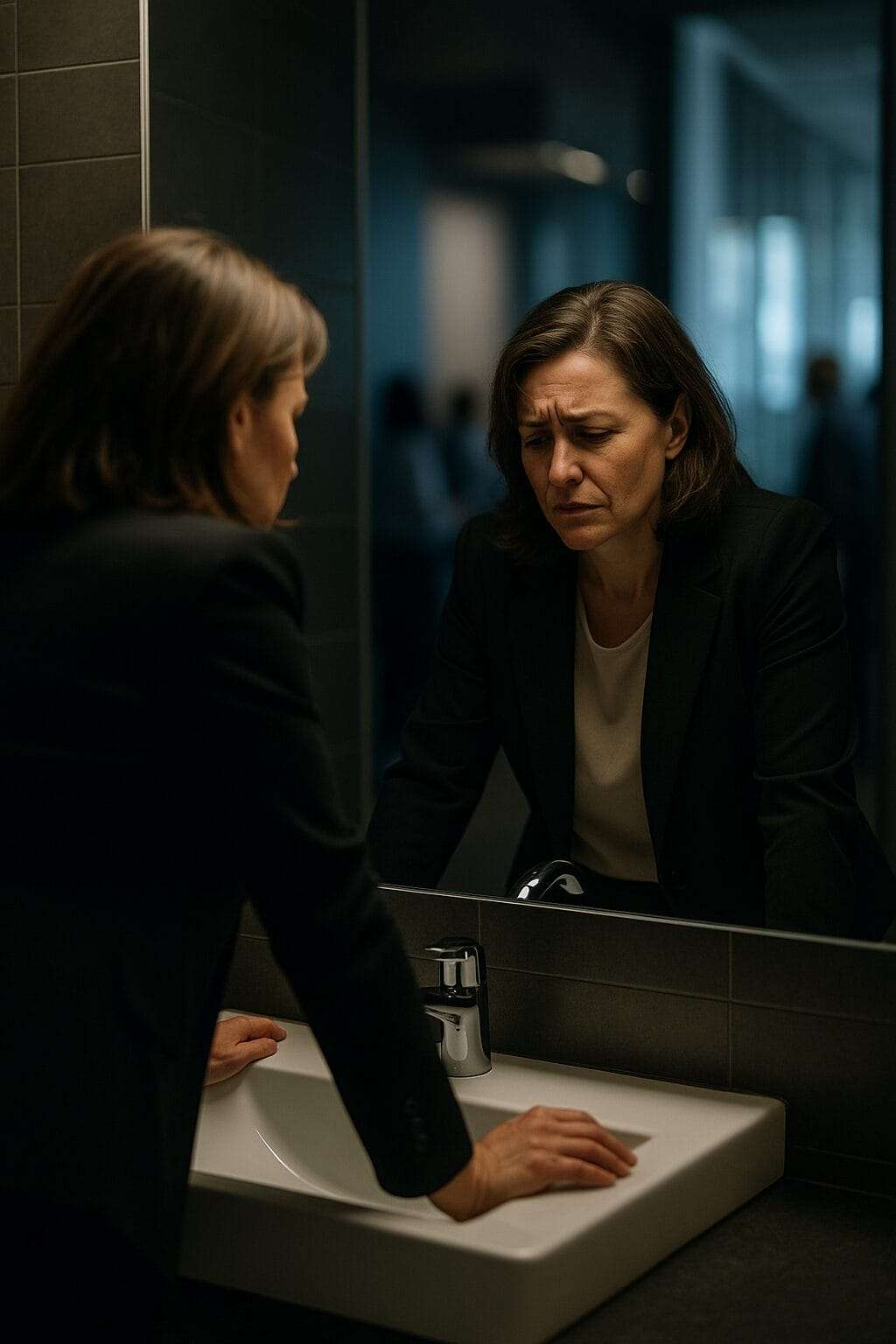 Woman in professional attire gripping sink in office restroom, showing visible emotional strain