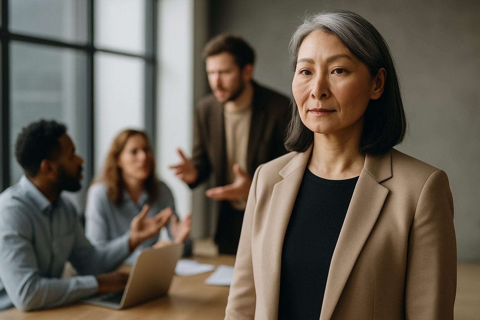 Asian woman leader holding calm presence while team behind her is mid-discussion