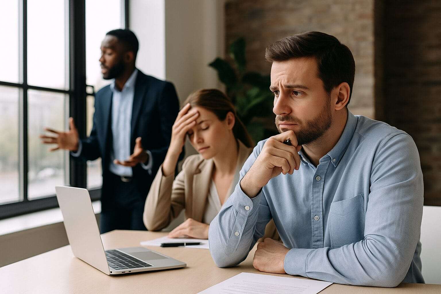 A thoughtful man sits at a desk with a tense expression while a woman beside him looks stressed with her hand on her forehead. In the background, a colleague gestures energetically during a team meeting. The scene reflects emotional oscillation between freezing and reactive behavior.