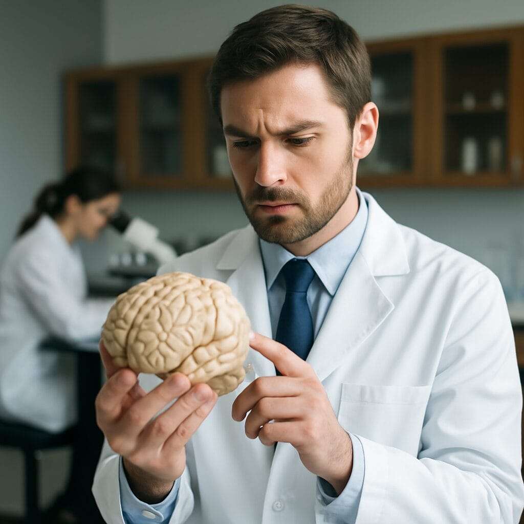 cientist in lab coat examining brain model with focus, symbolizing neurological study of emotional regulation