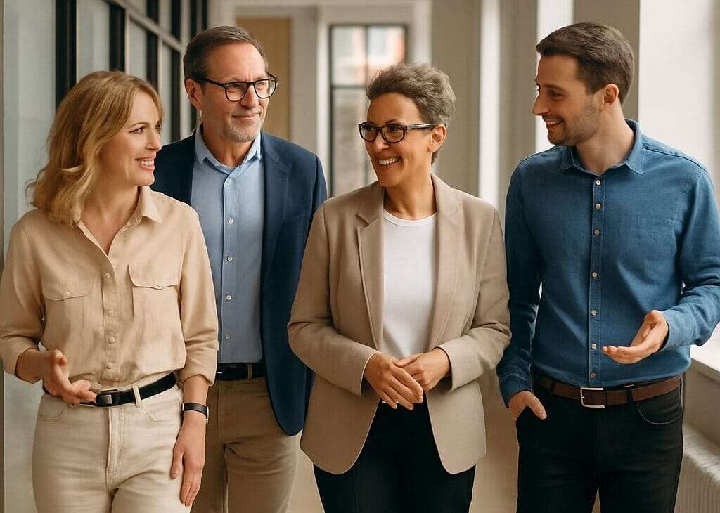 : Group of professionals walking and talking calmly through a bright office hallway