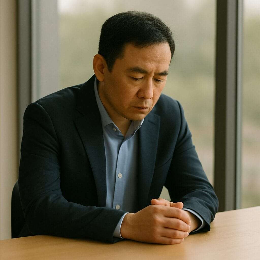 A middle-aged Asian man in a navy suit sits alone at a table, looking down with a conflicted expression, symbolizing internal tension and the emotional struggle to set boundaries.
