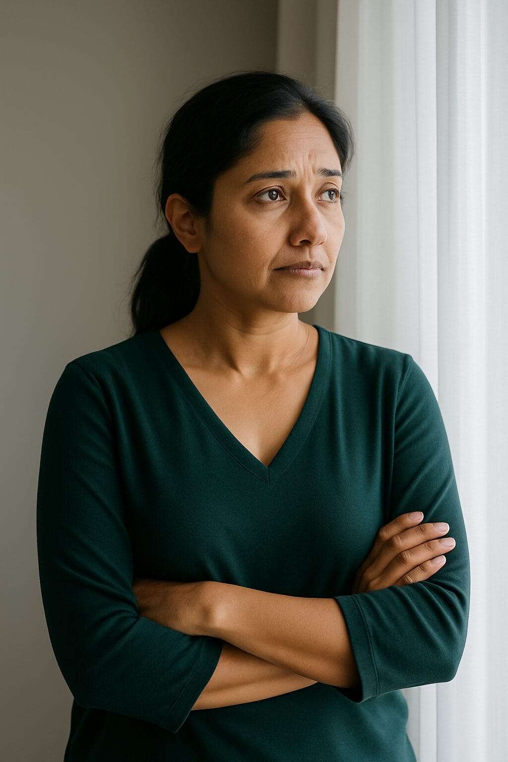: A middle-aged South Asian woman in a dark green top stands by a softly lit window with her arms crossed, showing a calm but reflective expression