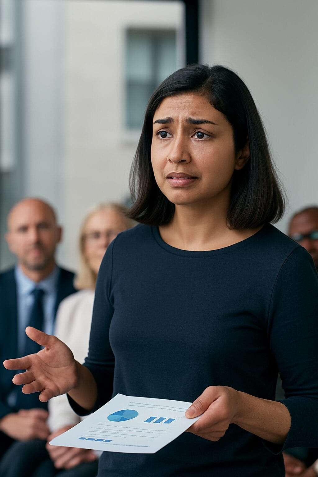A South Asian woman in her 30s stands in front of colleagues presenting with a graph in hand, her expression showing both determination and subtle fear
