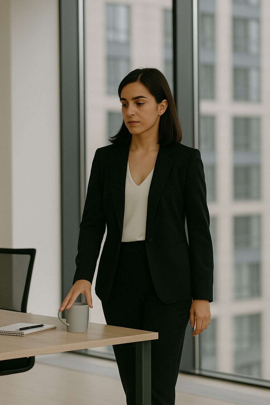 A professional woman in her 30s walks away from her desk in a modern office, hand on her coffee mug, symbolizing the moment of reclaiming clarity and preparing to say no.