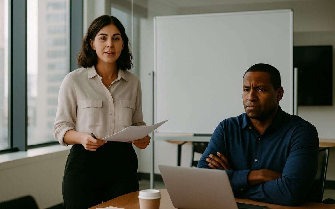 man looking envious in a while woman gives presentation