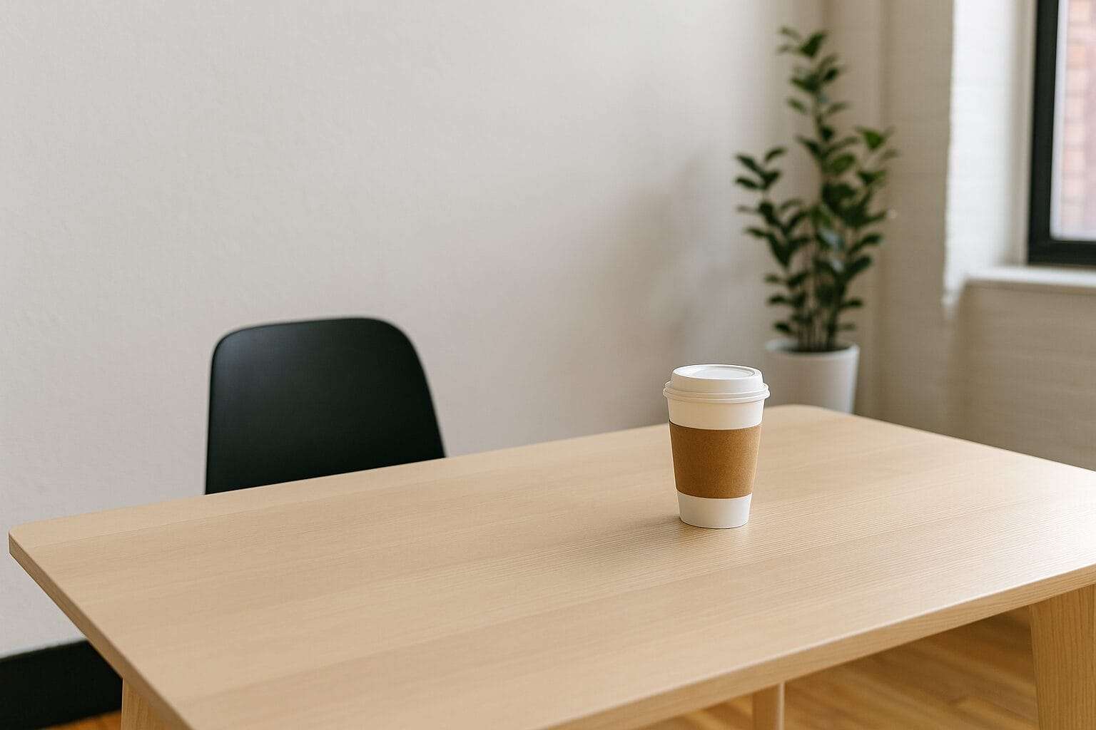 Disposable coffee cup on plain desk in bland office, symbolizing low-value coaching space.