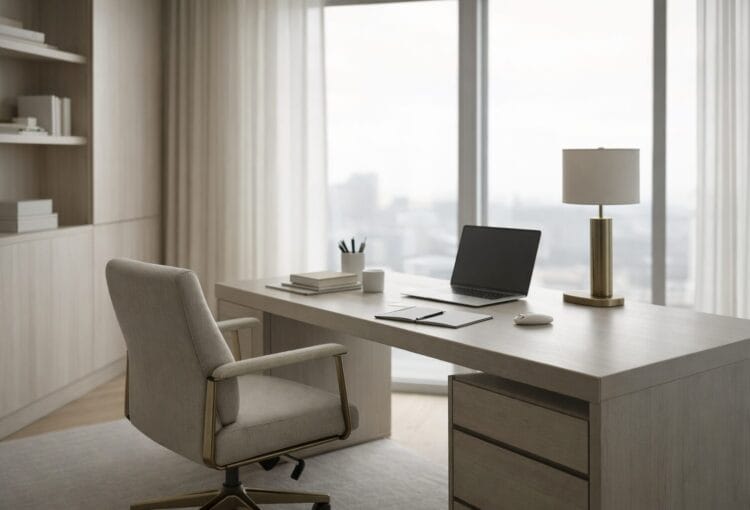 Minimalist luxury home office with an empty desk and chair, suggesting awareness without integration or embodied leadership.