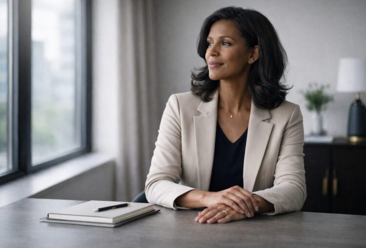 A calm professional woman in her mid-40s sits at a desk, looking out a window with a closed notebook in front of her.