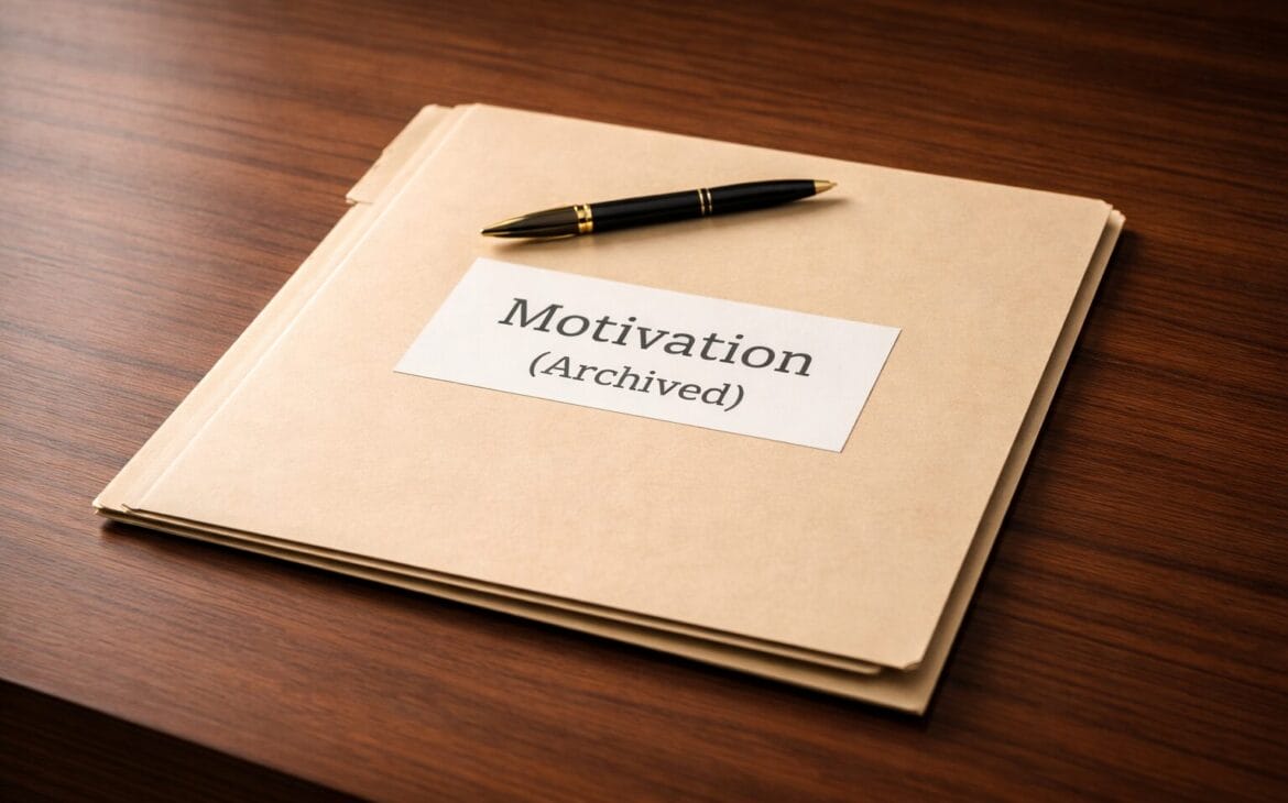 Beige file folder labeled “Motivation (Archived)” with a pen on top, resting on a dark wooden desk.