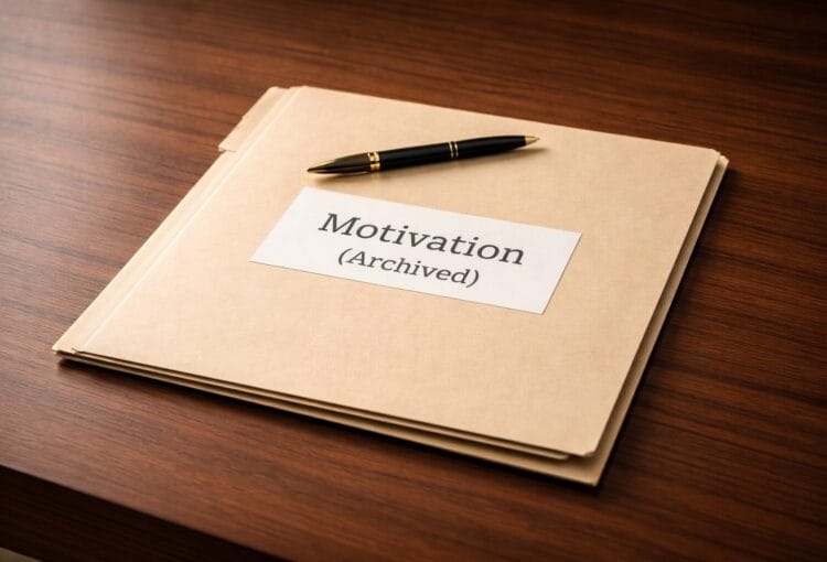 Beige file folder labeled “Motivation (Archived)” with a pen on top, resting on a dark wooden desk.